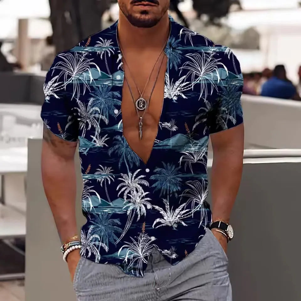 Men's loose fit floral printed polyester cardigan shirt with short sleeves for summer beachwear