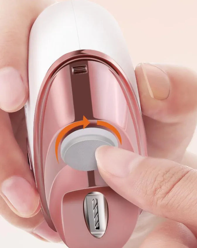 Blue electric nail clippers and polisher two-in-one with USB Type-C charging port
