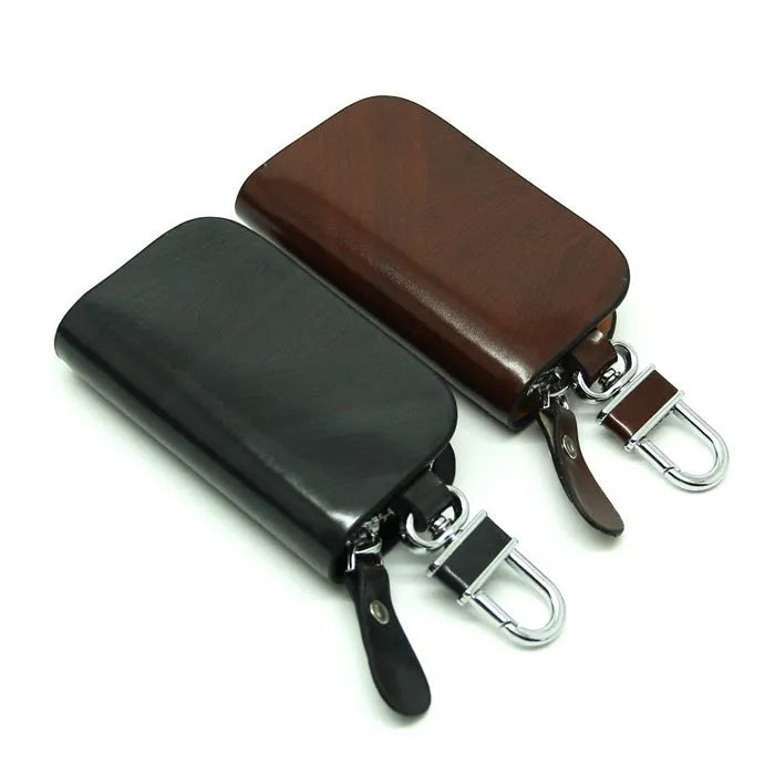Black and brown genuine leather car key case with zipper closure showing inner dimensions