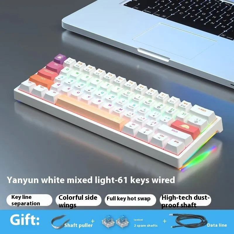 Bluish black 61-key compact mechanical keyboard with hot-swappable sockets and coloured keycaps.