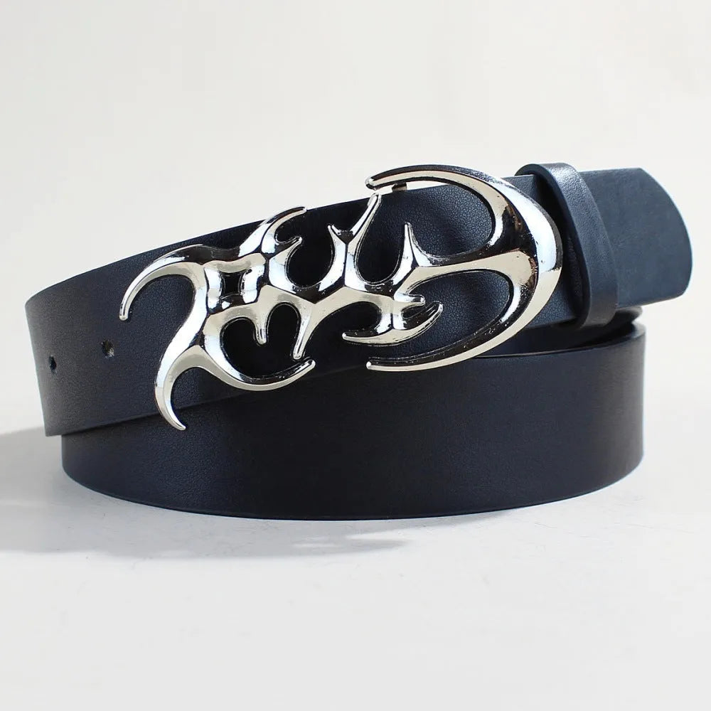Silver buckle casual PU leather belt with snap button fastening, shown flat.