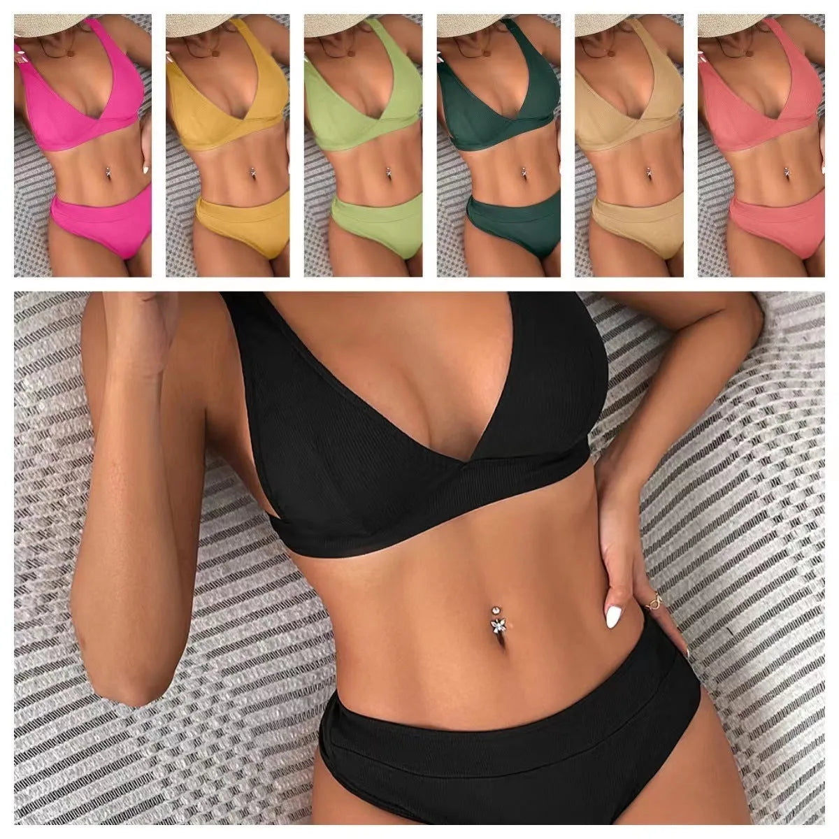 Women's black lace-up front bikini with split sides on a mannequin, showing high-waisted fit.