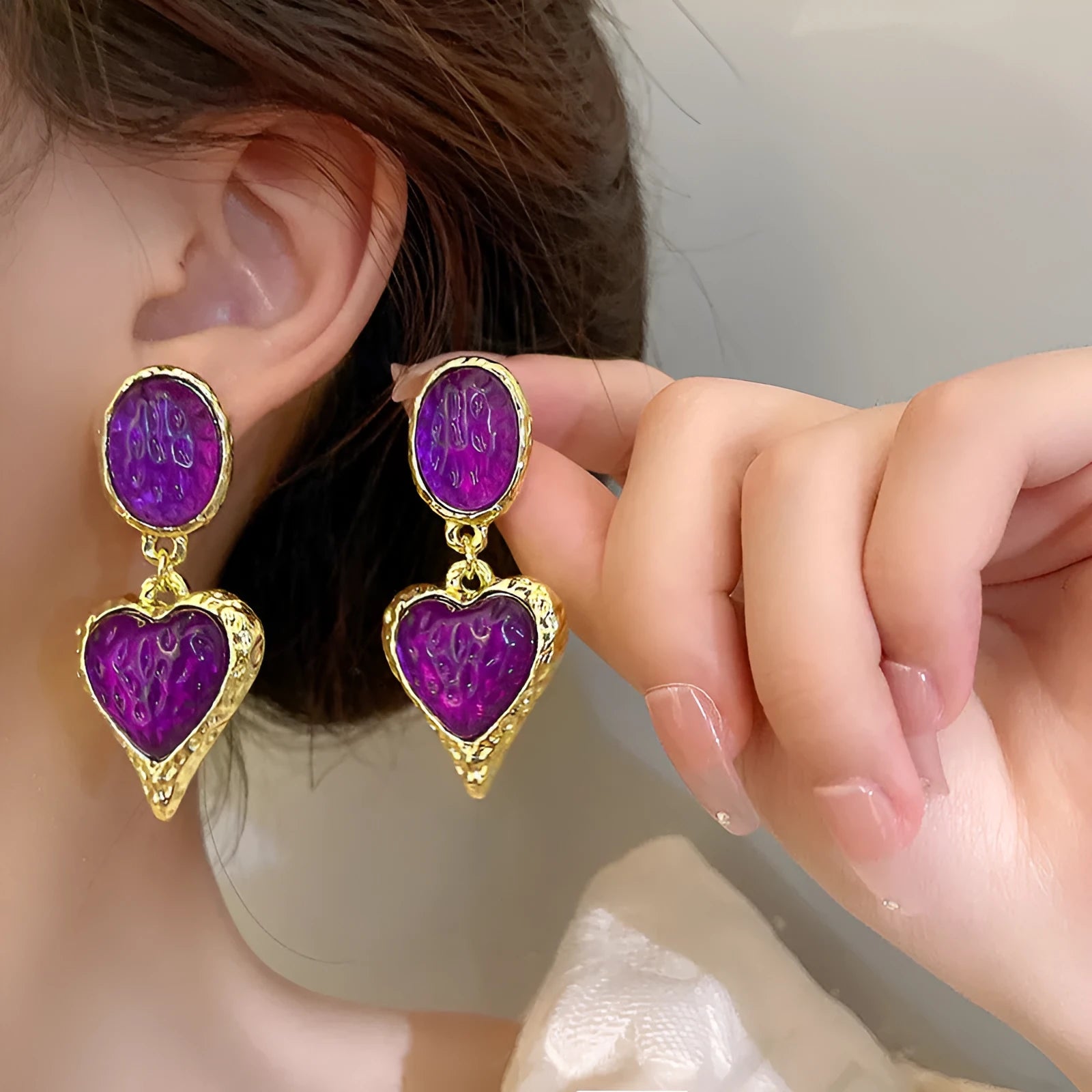 Silver pleated heart-shaped alloy stud earrings in multiple colour options