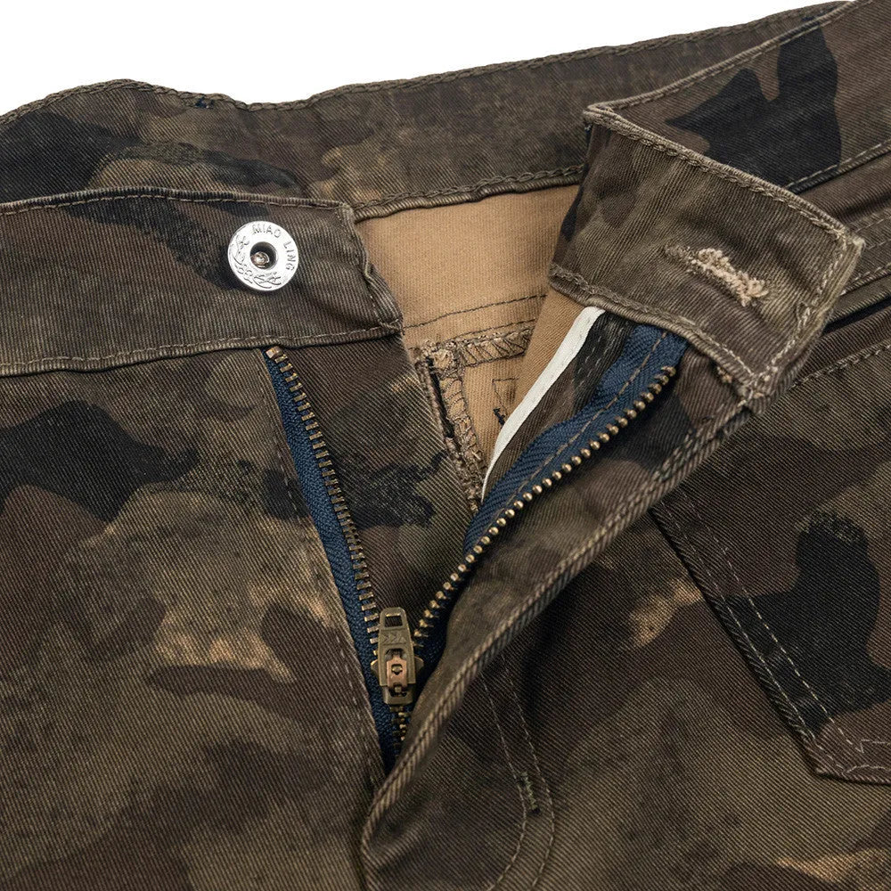 Men's camouflage denim trousers, mid waist, straight leg, cotton main fabric, sizes S to XL