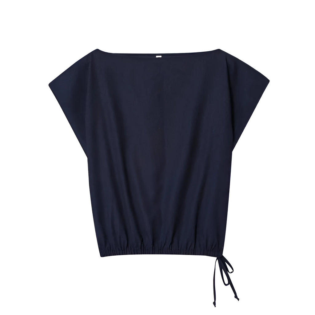 Women's linen blend off-neck shirt with flounced sleeves and matching wide leg trousers set