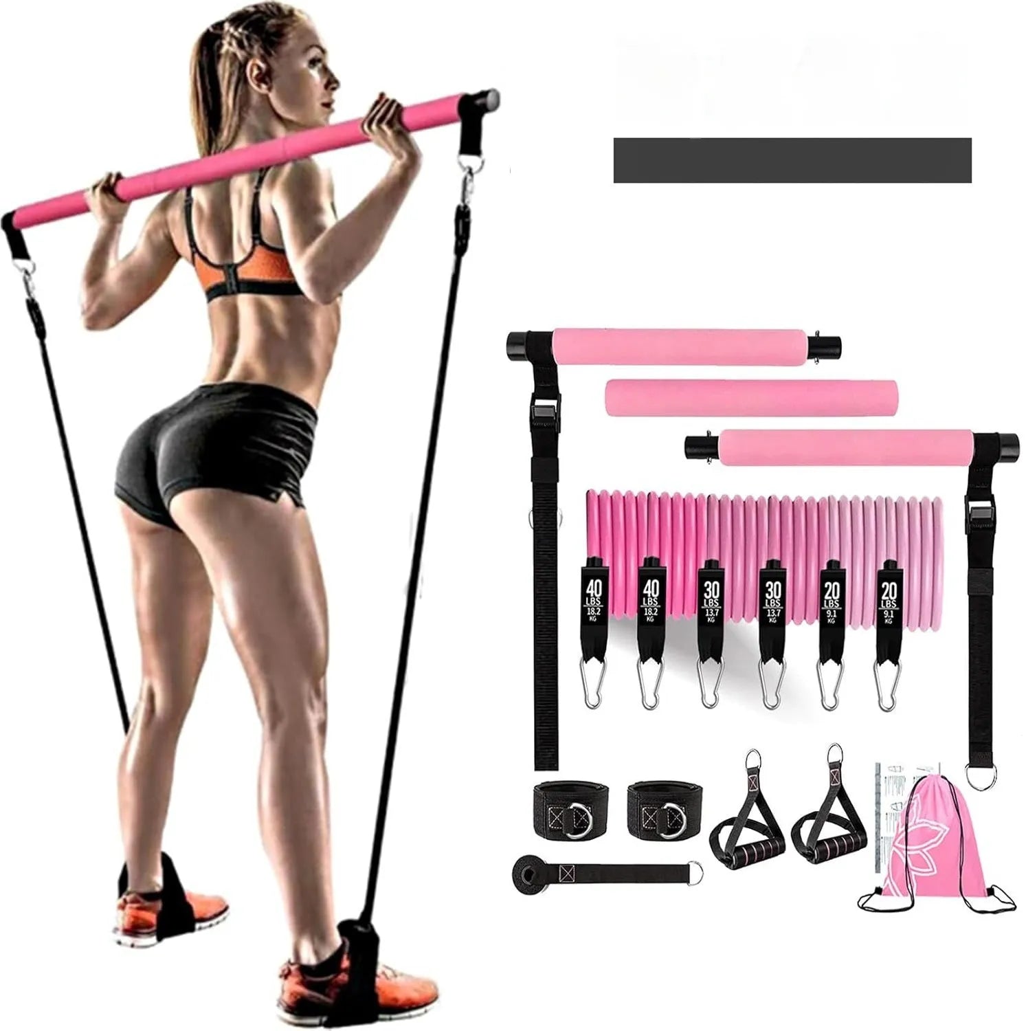 Yoga gymnastic bar with pink 180lb reinforced resistance band set for fitness training