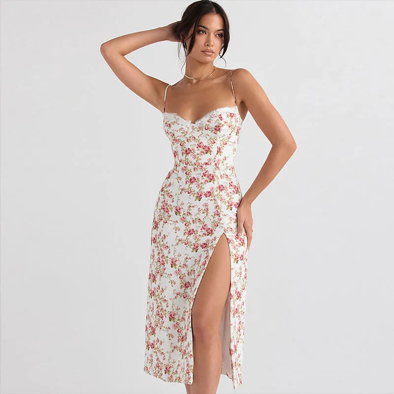 Women's blue lace print long dress with suspender straps and a thigh-high side slit.