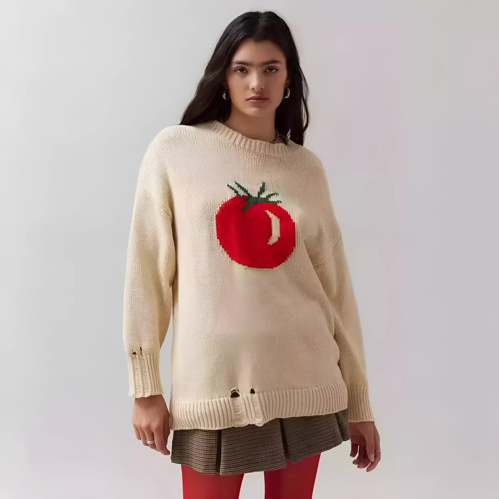 Women's milky white acrylic jacquard knit pullover sweater with round neck and long sleeves.