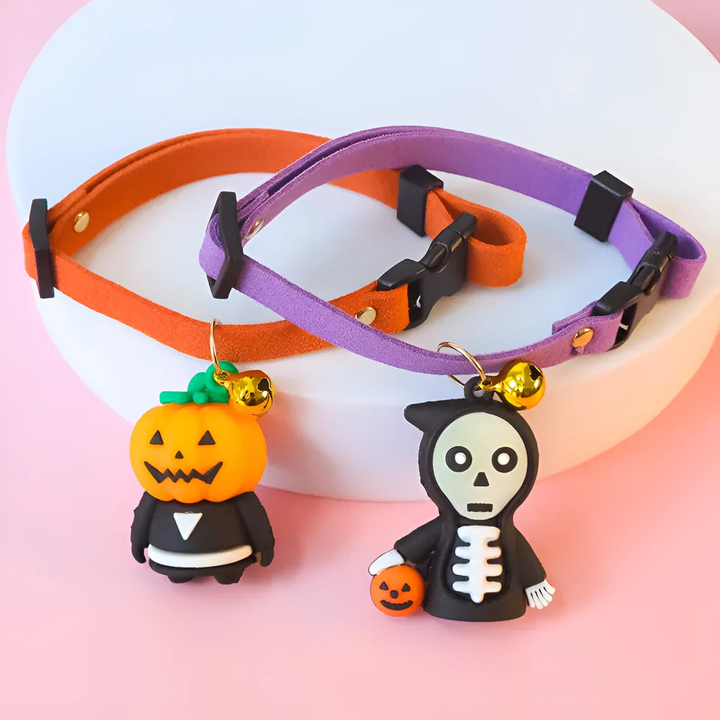Halloween pet collar decoration with pumpkin man pattern showing adjustable sizing for dog collars