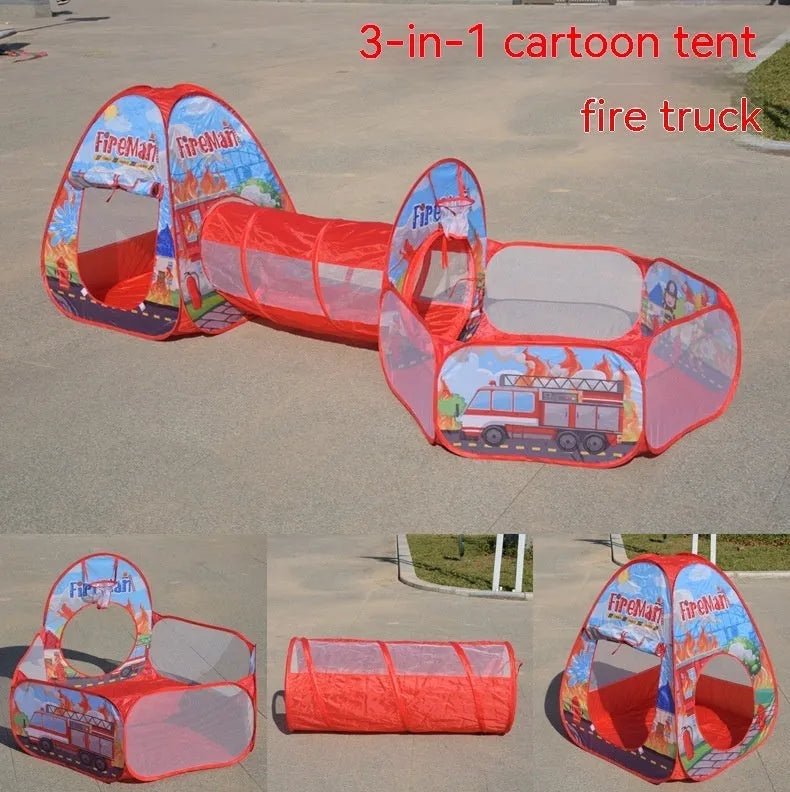 Colourful marine cartoon children's cloth tent with integrated ball pool and play tunnel.