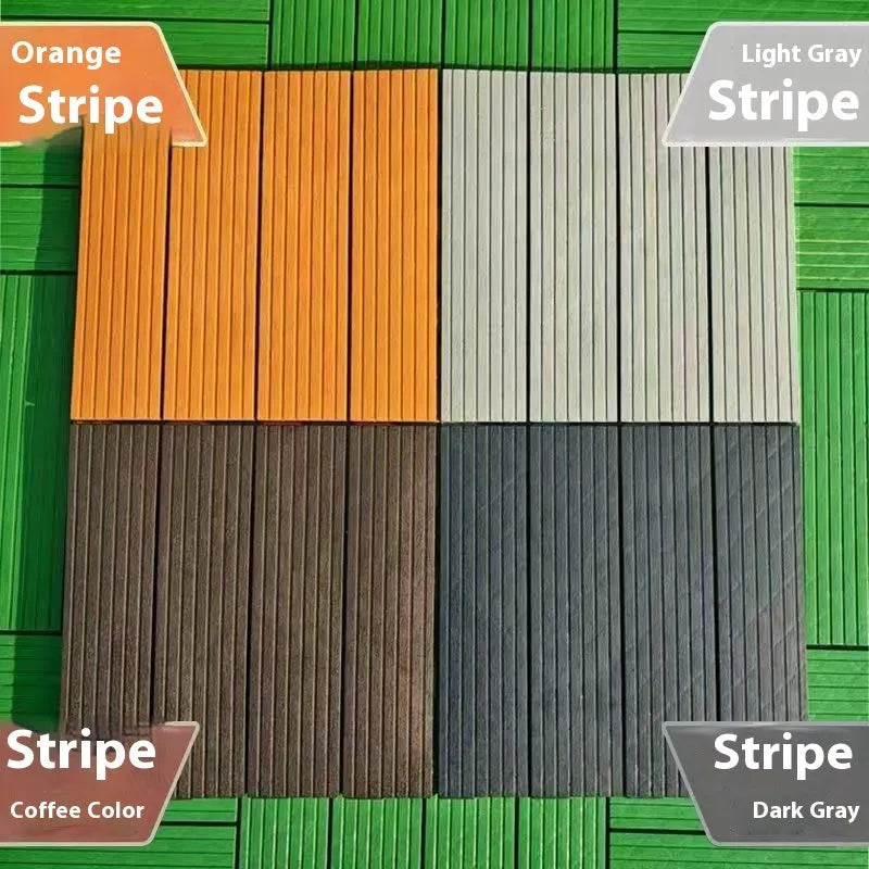 Pack of 10 wood grain style plastic interlocking floor tiles showing non-slip texture