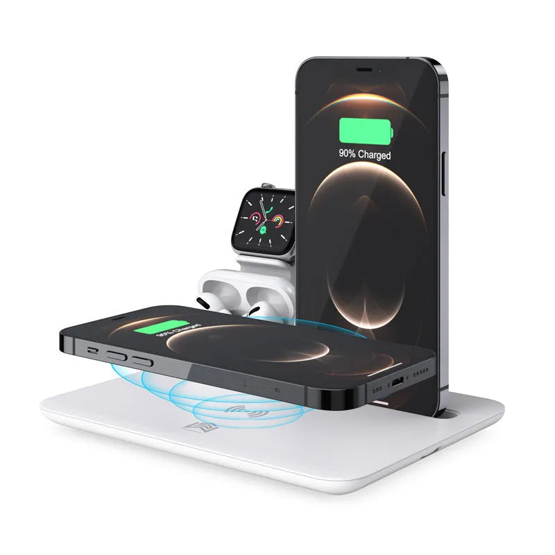 Black desktop wireless charging dock holding an iPhone, Apple Watch and AirPods case with cables connected.