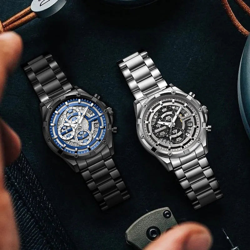 Men's waterproof luminous quartz watch with stainless steel band in black, gold, or silver colour options