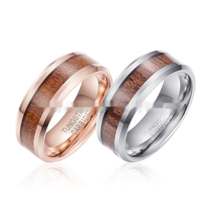 U-shaped men's ring in Ugyen with an 8mm wide band, shown in rose gold and steel colour finishes.