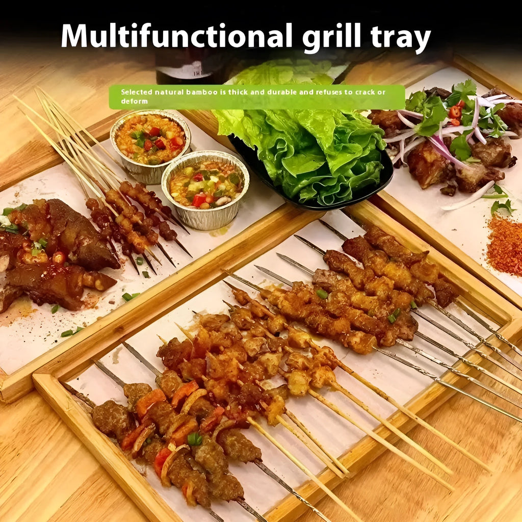 Square bamboo tray with brown wooden handle for restaurant and cafe service