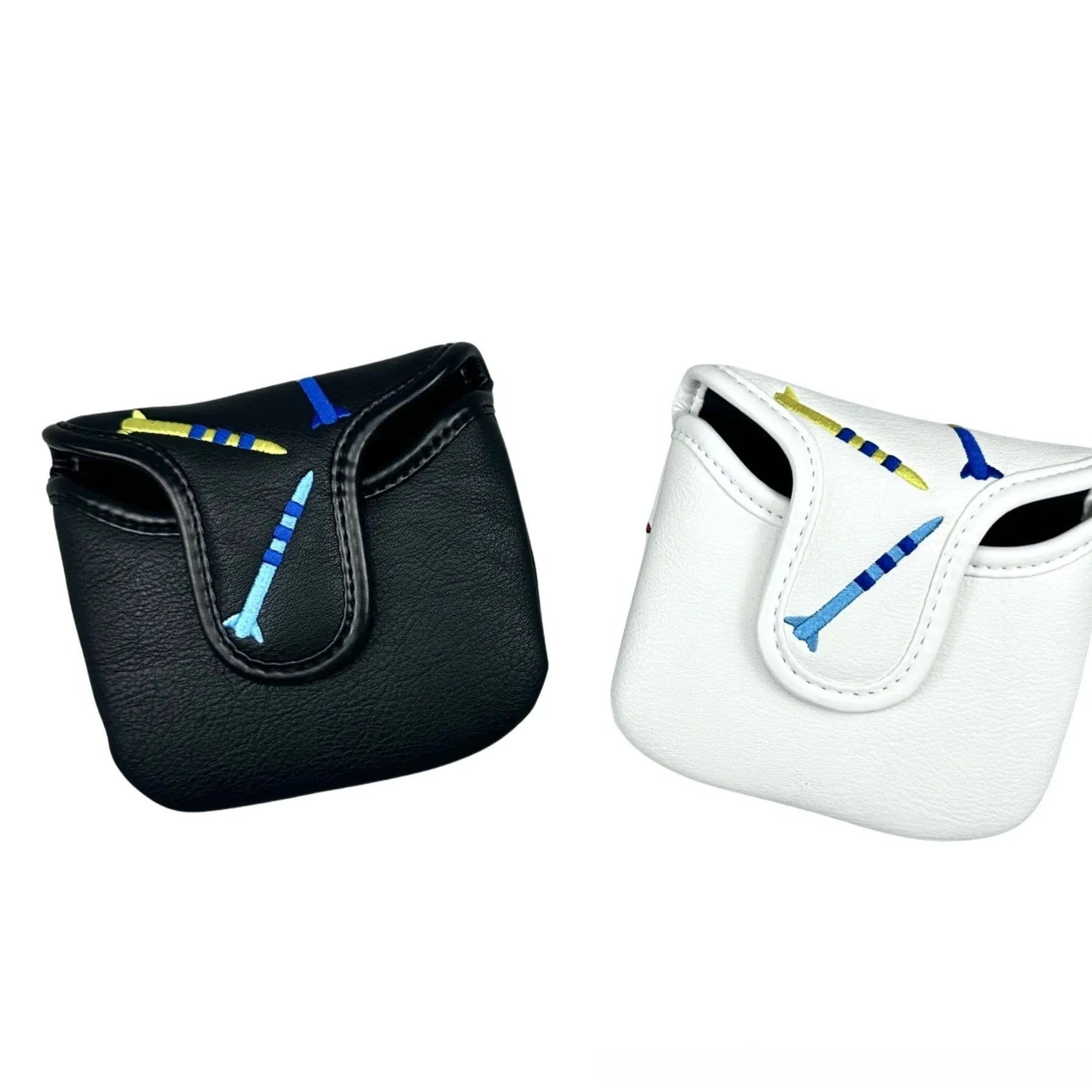 Black and white golf putter protective sleeve with rocket pattern design for square putter heads