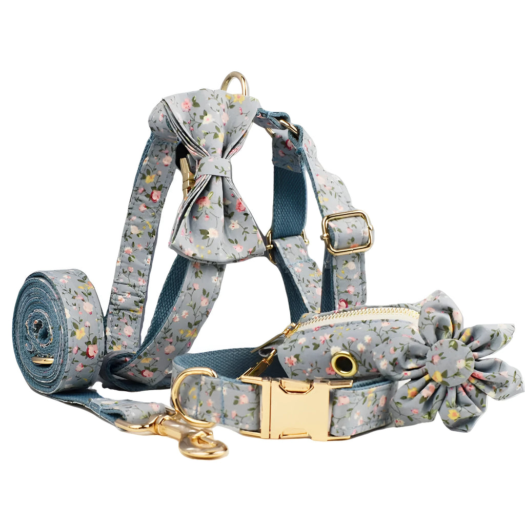 Blue floral polyester cotton dog collar set with matching leash, bow, vest and accessories
