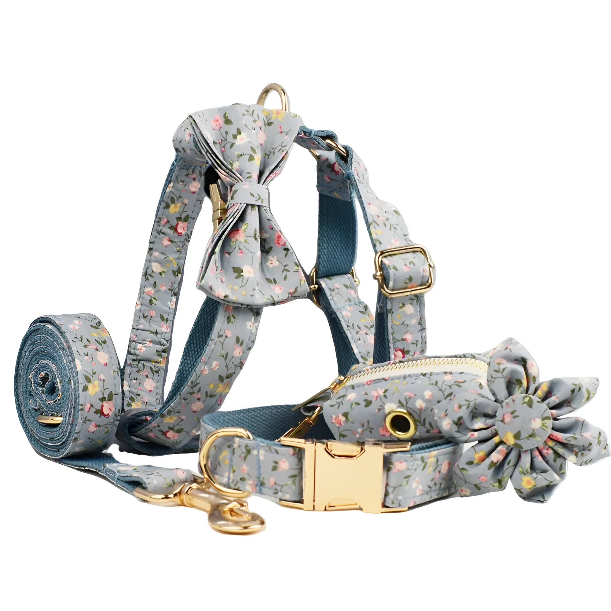 Blue floral polyester cotton dog collar set with matching leash, bow, vest and accessories