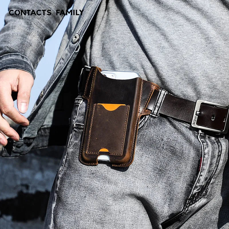 Crazy Horse genuine leather belt phone case in brown, belt-fitting iPhone holster with patterned leather finish