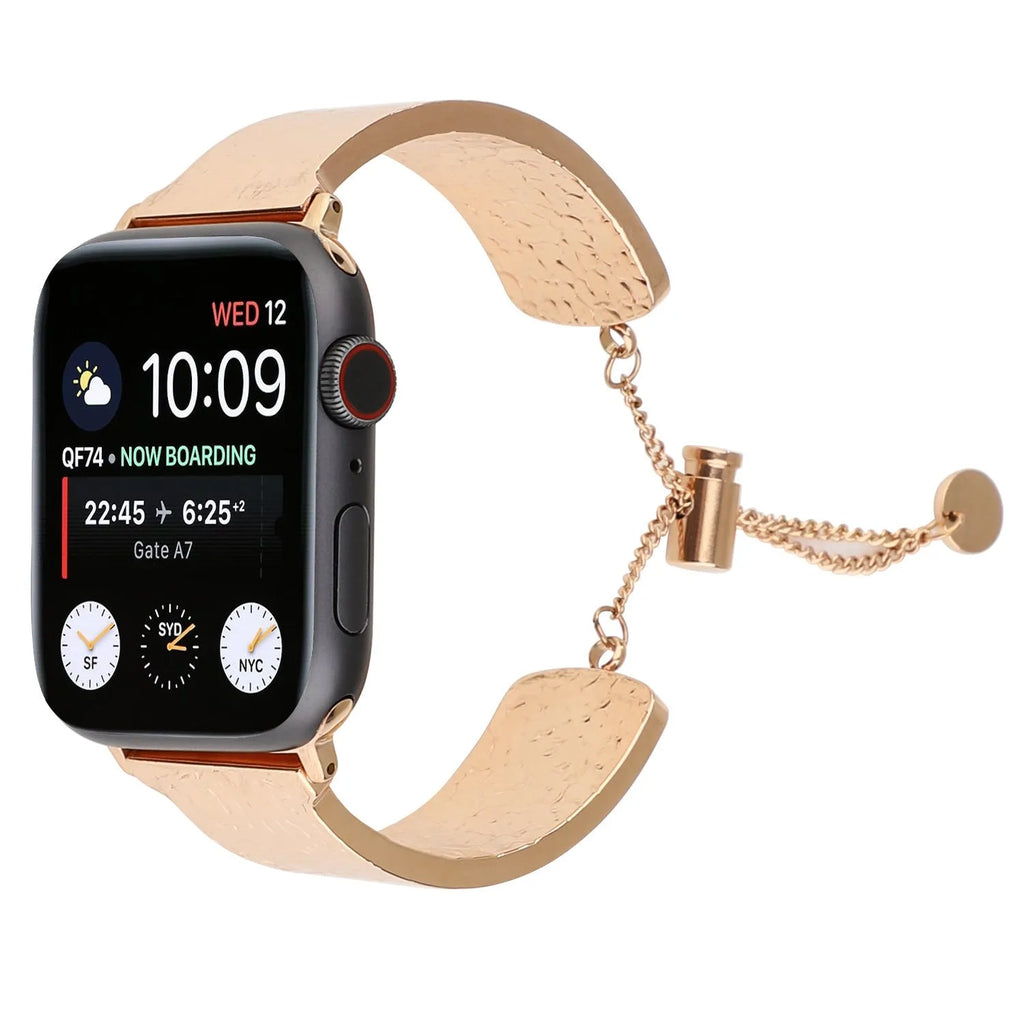 Metal embossed Apple Watch bracelet strap in gold, black, silver, and rose gold for 38/40/41mm and 42/44/45mm cases