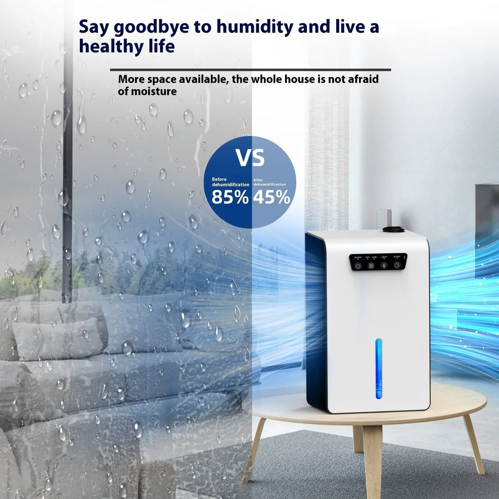 Milky white portable household dehumidifier for 10-20 square metre rooms with 2.6-4.0 litre water reservoir