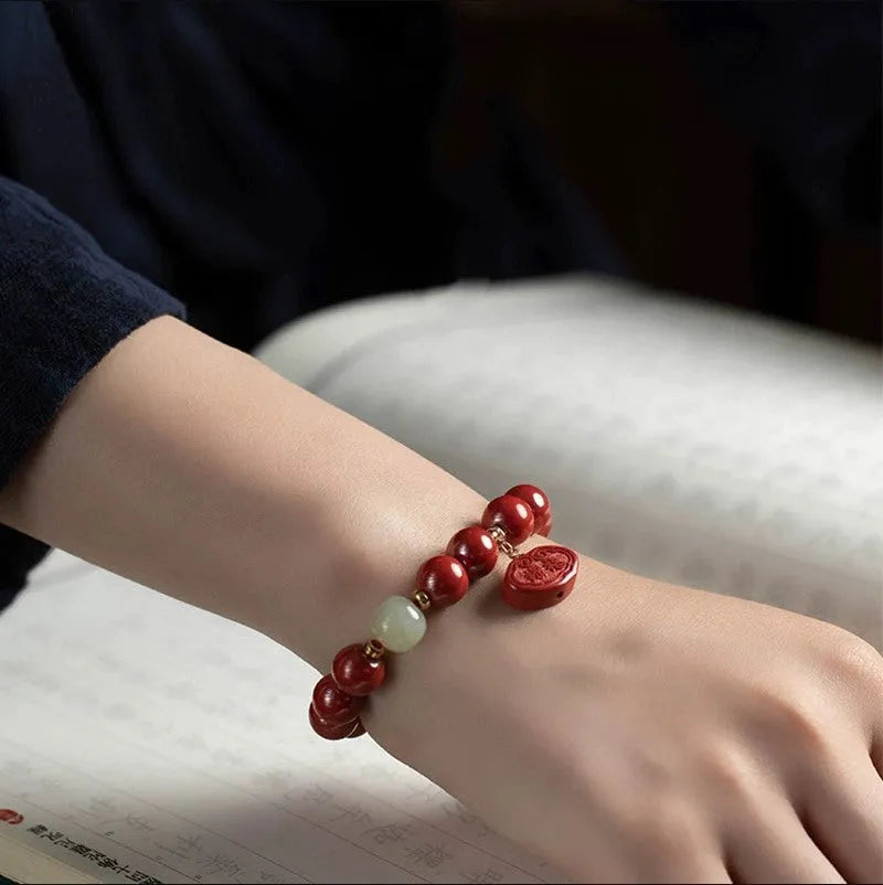 Natural cinnabar Emperor Sandstone Ping An Fu Lu bracelet in 8mm and 10mm bead sizes
