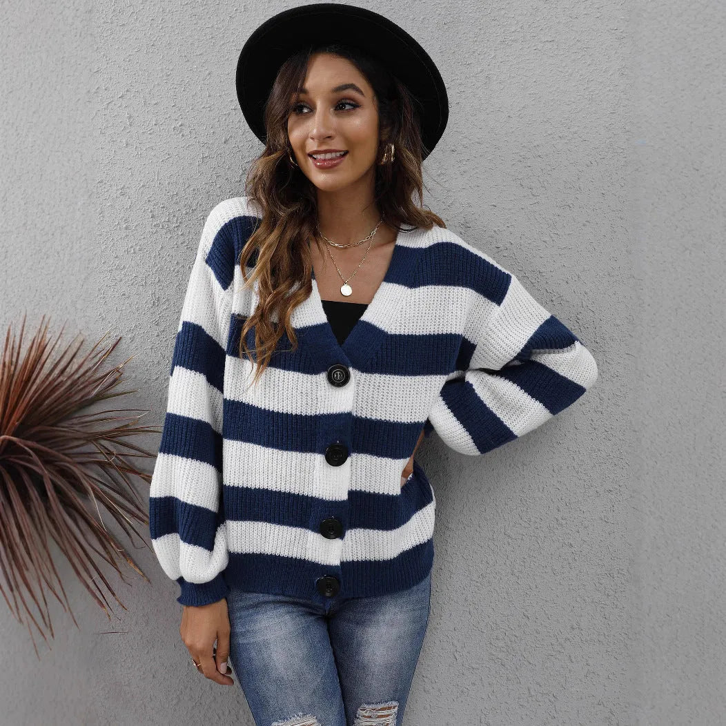 Women's striped deer plush cardigan in blue, button-front, loose street fashion fit.