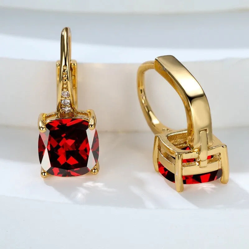 Square zircon inlaid geometric ear hook earrings in copper with multiple colour finish options