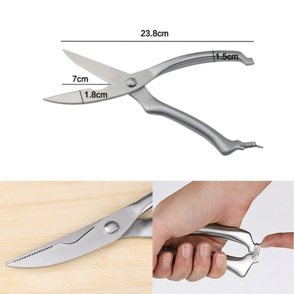 Silver whole stainless steel kitchen shears, 25cm x 4.5cm with 9cm blade, serrated edge and locking handle.