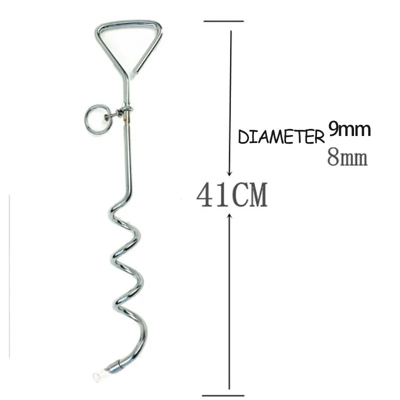Silver spiral dog tie out stake made of solid steel for ground anchoring.