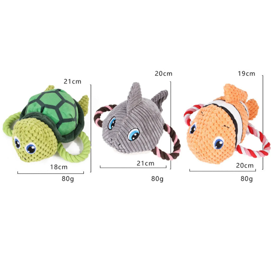 Turtle-shaped dog chewing toy with knotted fabric texture in orange colour