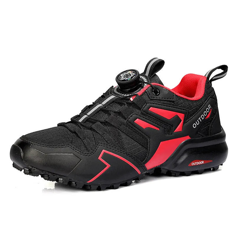 Men's beige, black, and black red lightweight hiking shoes with elastic band closure and rubber sole