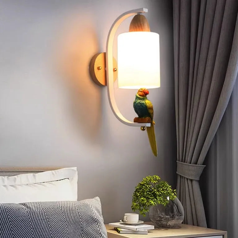 Bird wall lamp with iron and wood body, glass shade, spray-painted finish, 42x21x12cm