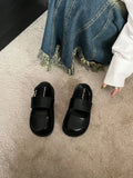Retro closed-toe sandals with an adjustable ankle strap buckle in black, brown, or apricot colour.