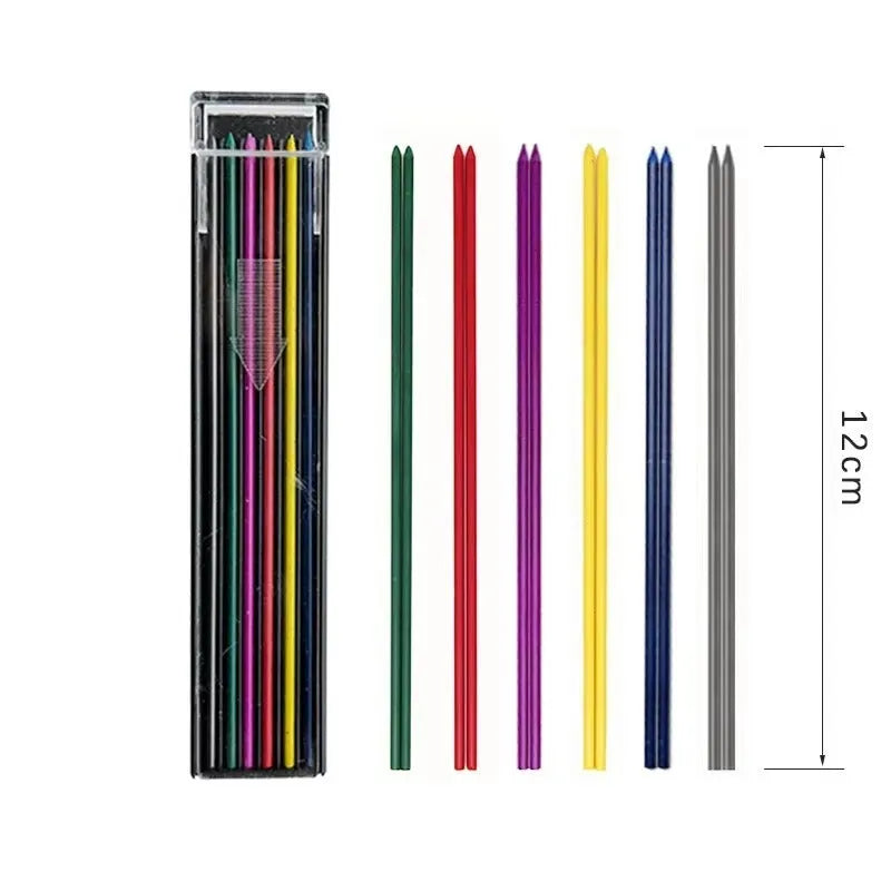 Plastic box containing 12 refill leads for a 0.5mm mechanical pencil in various colours.