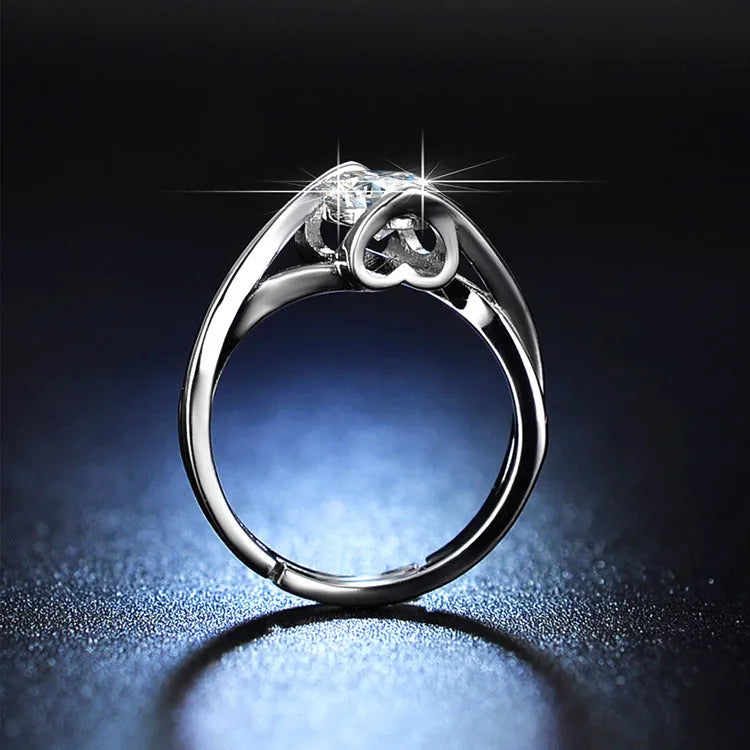 Moissanite Angel Kiss heart-shaped ring in white gold colour with adjustable opening, 1 carat or 50 points option