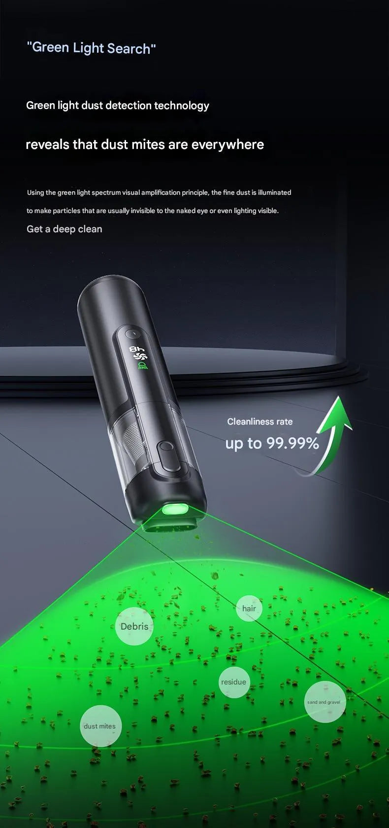 Green light dust-detecting handheld car vacuum cleaner black colour wireless compact portable high suction