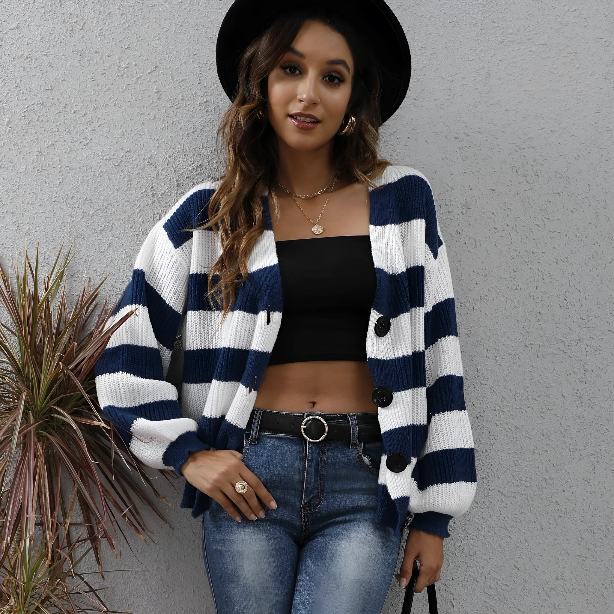 Women's striped deer plush cardigan in blue, button-front, loose street fashion fit.