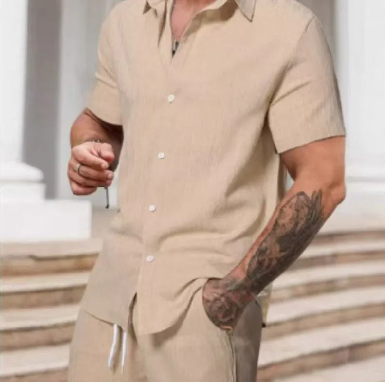 Men's striped print short sleeve shirt and shorts set in polyester, street style spring outfit, sizes S to 5XL
