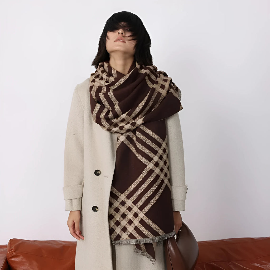 Cashmere-like scarf with tassel ends in brown colour, shown draped to display 185 cm length