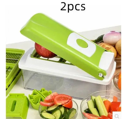 12-piece green manual vegetable chopper set with stainless steel blades on kitchen counter