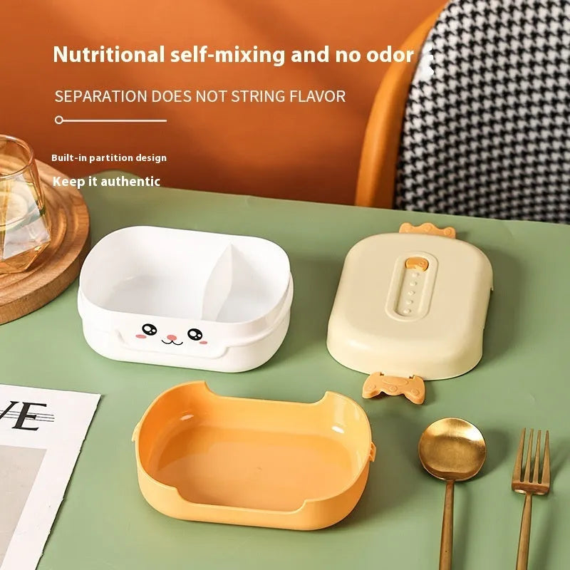 Square plastic lunch box with divided compartments in dark blue, orange yellow or pink and green colours