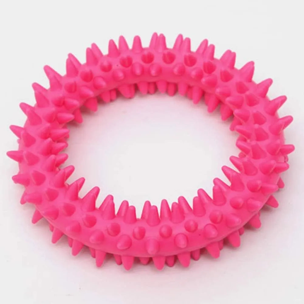 TPR spiky circle ring dog chew toy in blue with textured dental cleaning nubs