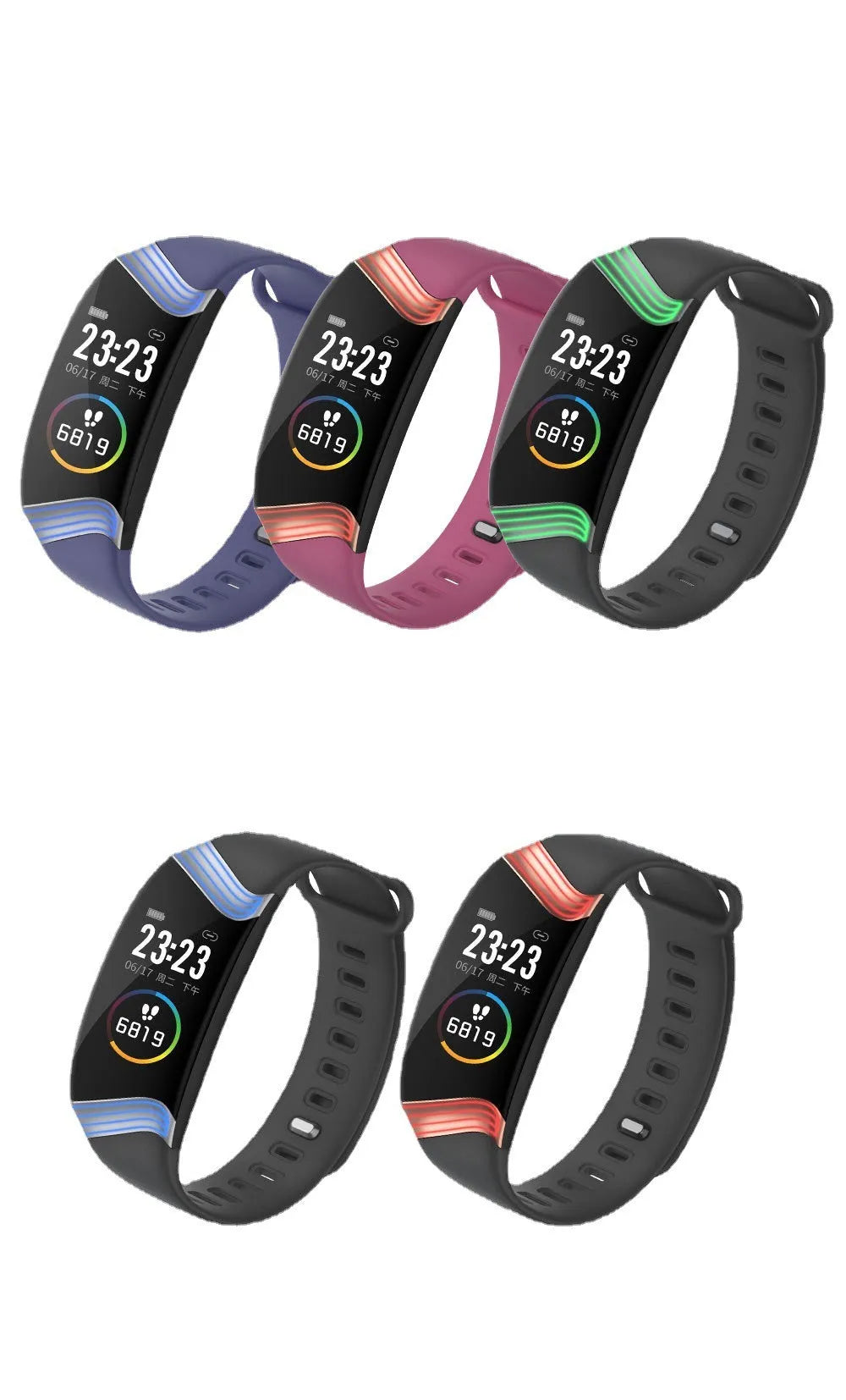 Smart sports bracelet with heart rate monitor and colourful atmosphere light in black gold colour