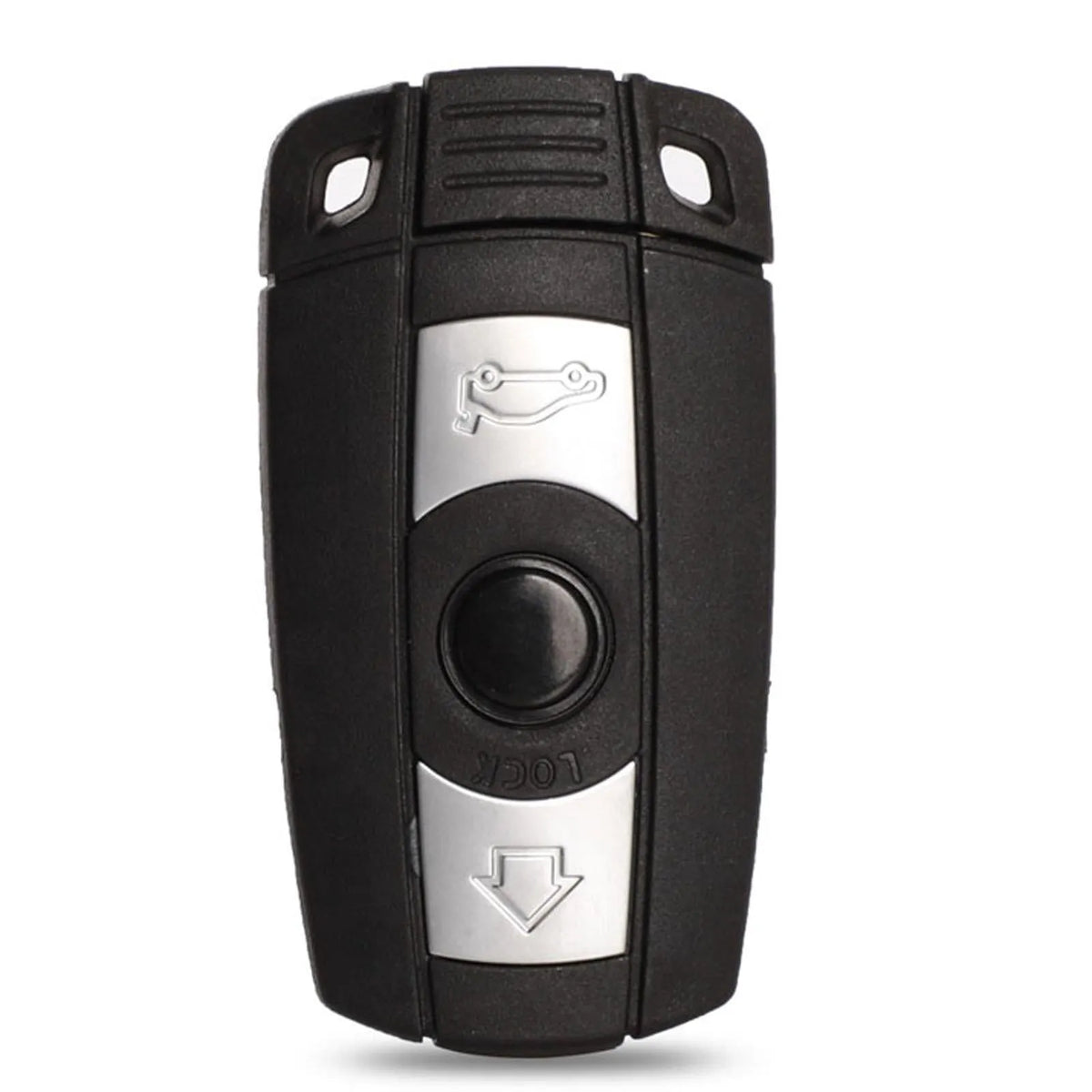 BMW semi-intelligent remote car key fob with three buttons, metal and plastic casing.