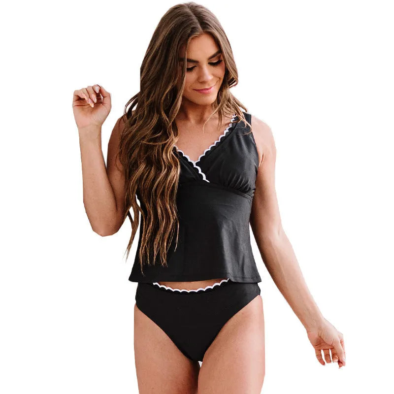 Black solid color split swimsuit for women sleeveless nylon bikini set size 2XL