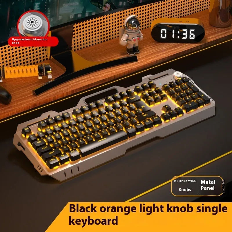 Aluminium alloy mechanical gaming keyboard with control knob in silver black colour with mixed lighting