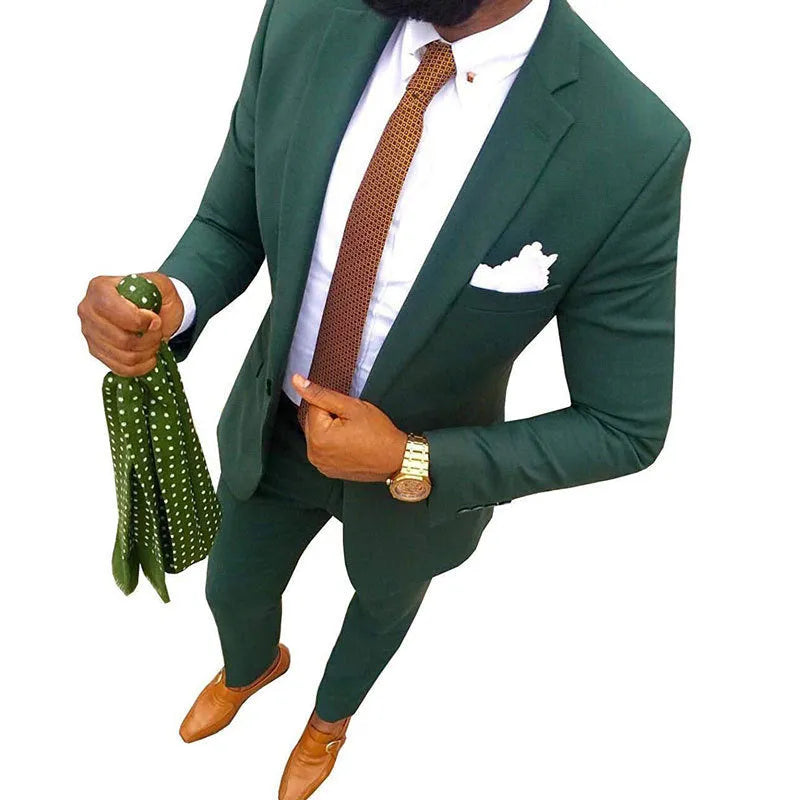 Men's multicolour cotton banquet suit two-piece set showing jacket and trousers available in extended sizes