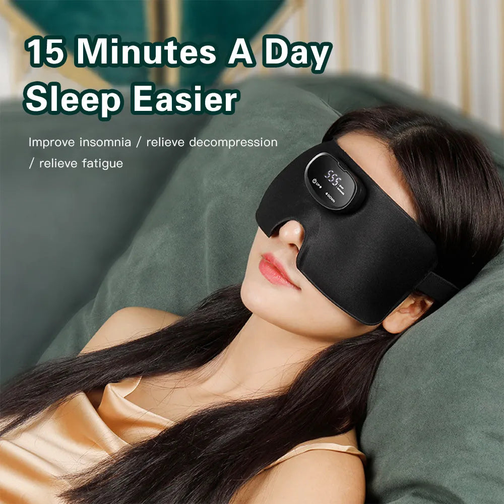 Black EMS smart sleep eye mask, USB rechargeable, 245mm x 95mm x 20mm, polyester ABS silicone