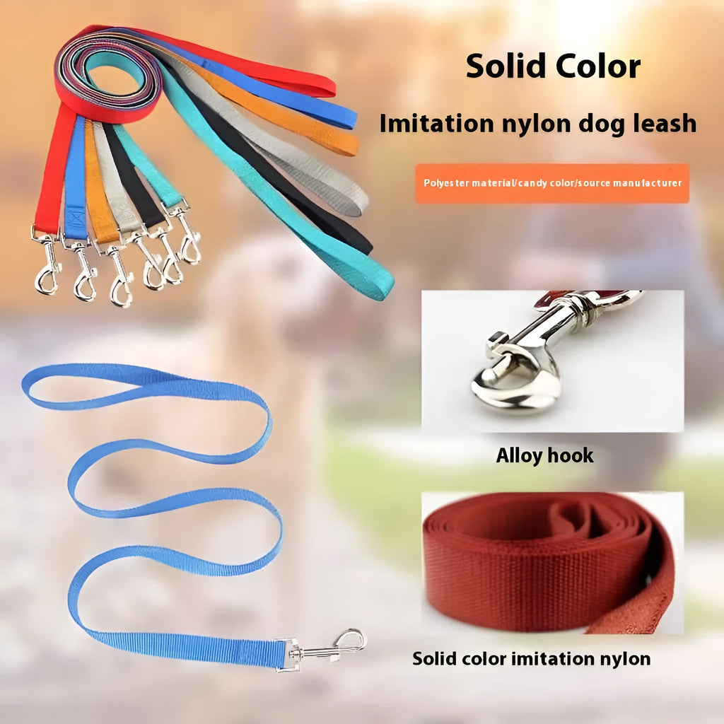 Solid colour polyester dog leash in hand holding rope design showing multiple colour options and size specifications